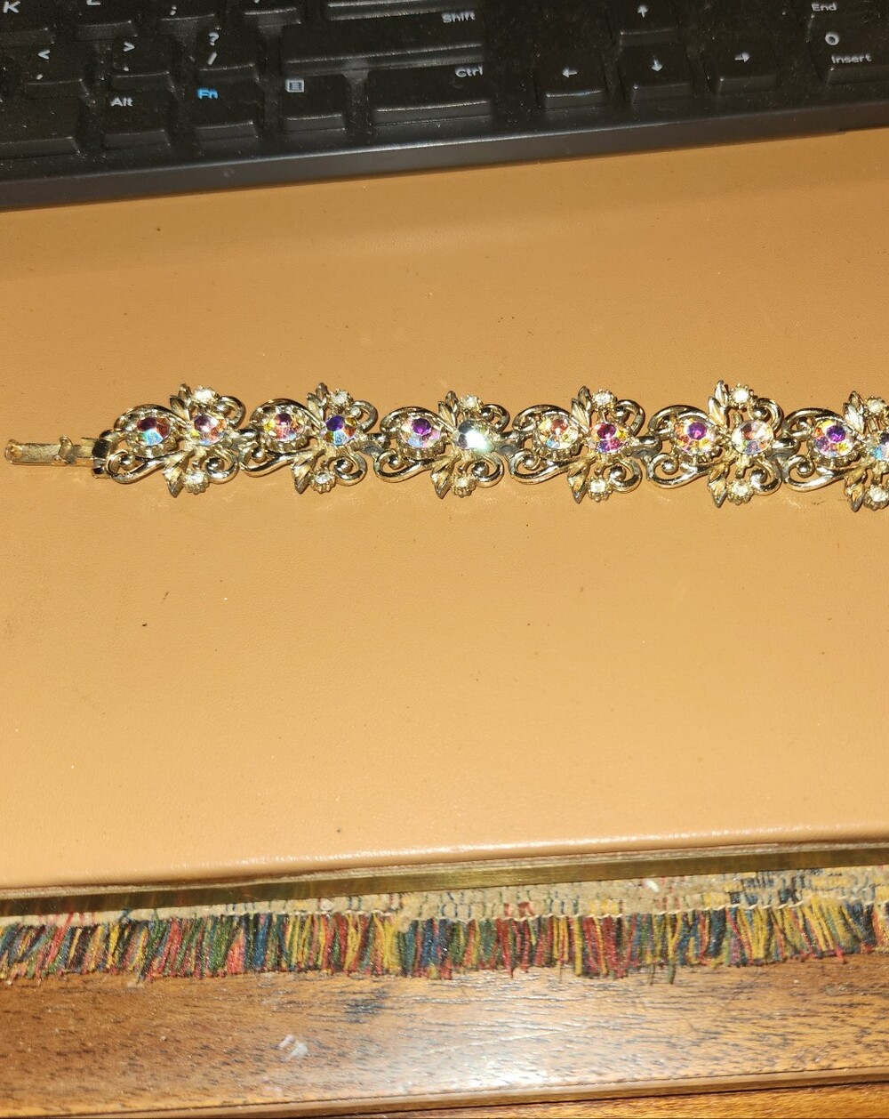 Coro Vintage Gold-Tone Bracelet with Pink & Iridescent Stones